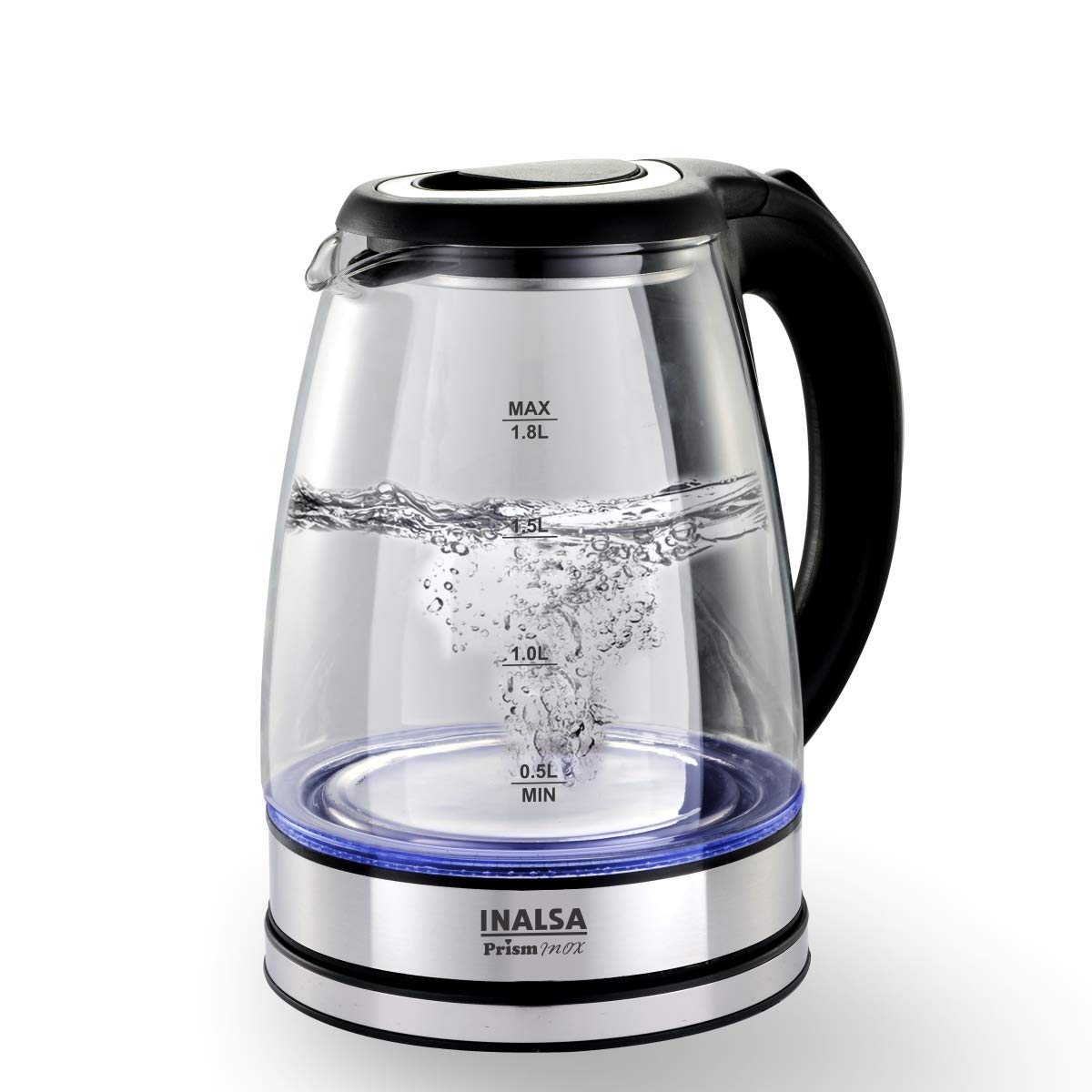 Inalsa Electric Kettle Prism Inox - 1350 W with LED Illumination & Boro-Silicate Body, 1.8 L Capacity along with Cordless Base, 2 Year Warranty (Black)