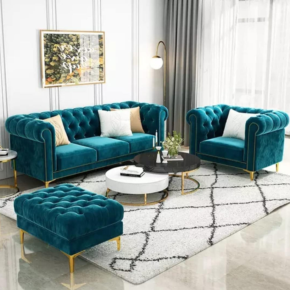 Expert wood Art ! Chesterfield 3+1+1 Footrest 4 Seater Sofa Set Solid Sal Wood Velvet Upholstered Button Tufted Sofa Set for Living Room (Teal Gren)