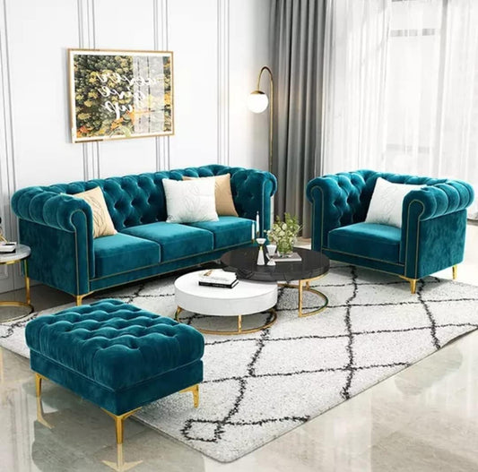 Expert wood Art ! Chesterfield 3+1+1 Footrest 4 Seater Sofa Set Solid Sal Wood Velvet Upholstered Button Tufted Sofa Set for Living Room (Teal Gren)