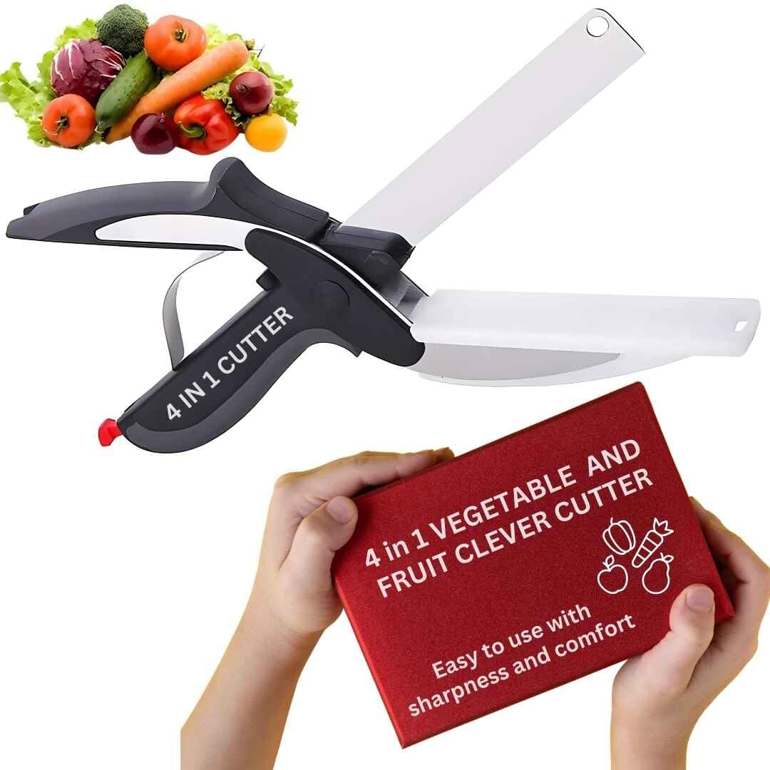 4in1 Kitchen Scissors Food Chopper Slicer Dicer Vegetable Clever Cutter Knives - Mini Board for Salad Chopping Cutting Leafy Veggie Beans Herb Bhendi Mirchi Meat Multi Tool Stainless Steel Sharp Blade