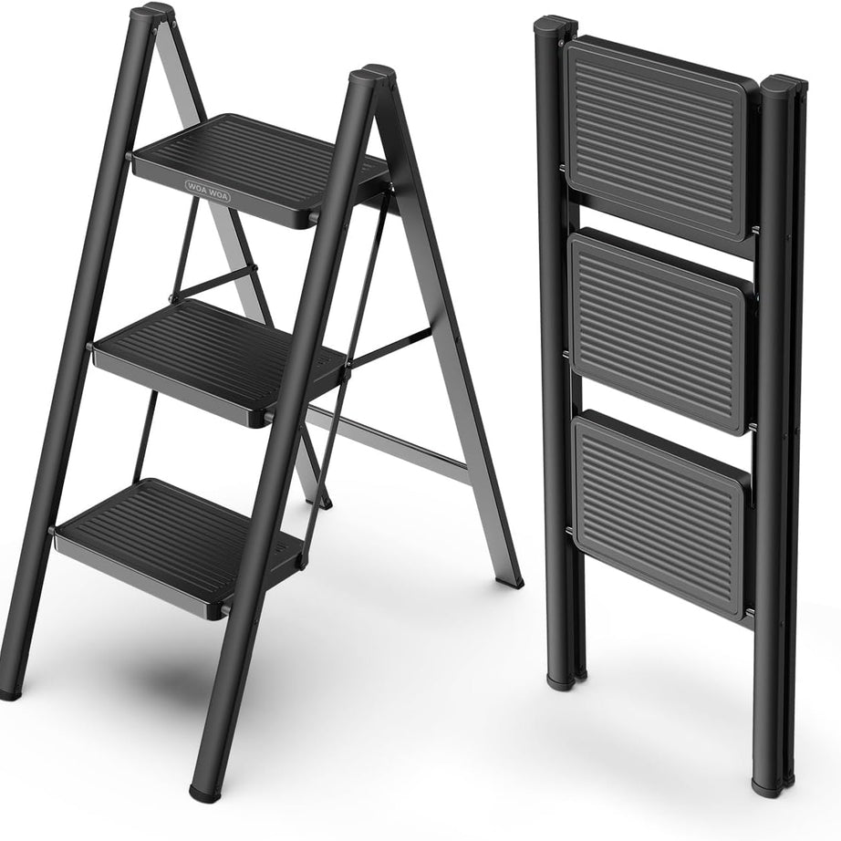 Delavala 3 Step Ladder, Folding Step Stool with Wide Pedals, Compact Stepping Stool for Kitchen, Sturdy Steel Ladders with Anti-Slip Feet, Household Office Portable - Supports up to 150 KG (Black)