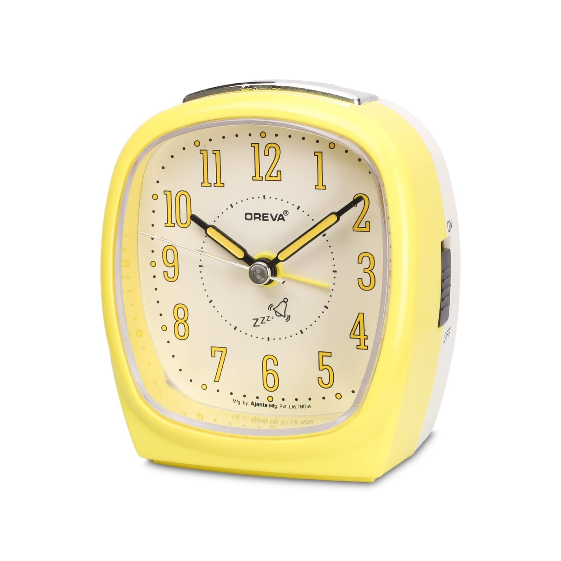 OREVA Alarm Table Clock with 4 Step Snooze Buzzer Sound (9 cm x 6.1 cm x 10.3 cm, AA3097)(Yellow)