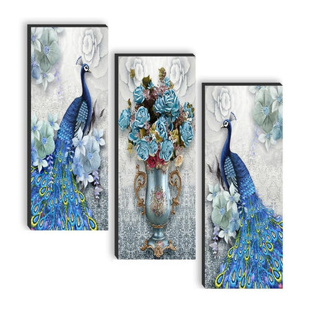 SAF paintings set of 3 Peacock And Flower Pot UV textured self adeshive wall painting for home decoration SANF-SJ91