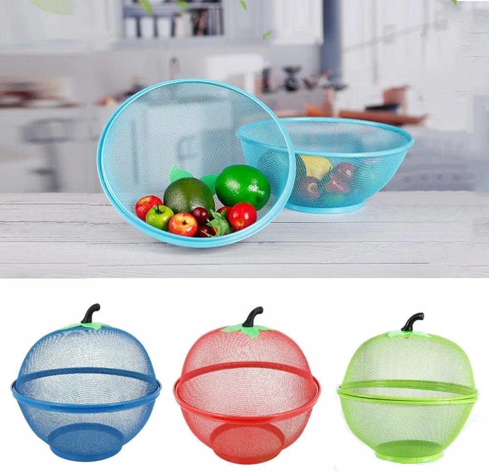 LOZOX Apple Shaped Fruit Basket Metal Wire Fruit Cover with Mesh Lid Apple Bowl Fruit Cover Reusable Mesh Fruit Holder Strainers for Kitchen Banana Vegetable(Multicolor) (Standard, 1)