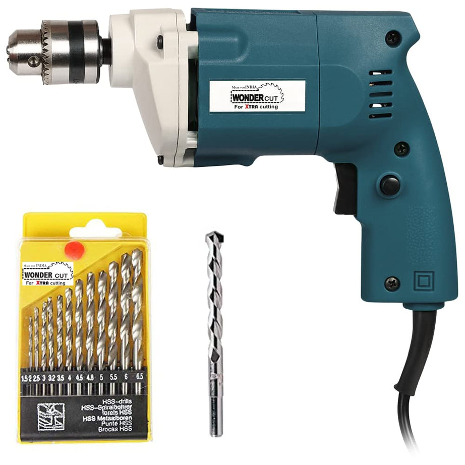 WONDERCUT Wc-Ed-10-B-Cmb Drill Machine 10Mm With Free 13Pcs Hss Drill Bits & 1Pc Masonary Bit Combo, Blue