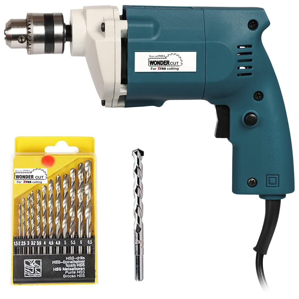 WONDERCUT Wc-Ed-10-B-Cmb Drill Machine 10Mm With Free 13Pcs Hss Drill Bits & 1Pc Masonary Bit Combo, Blue