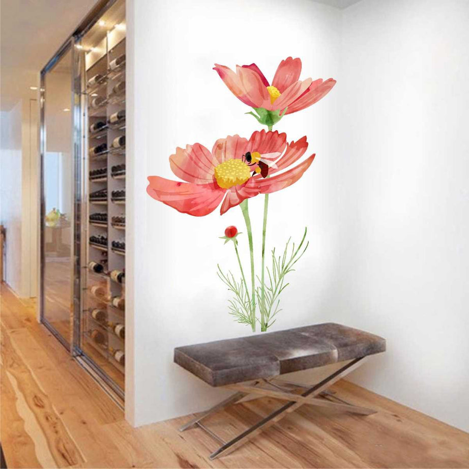 rawpockets Pvc Vinyl Botanical 'Honey Bee On Red Flower' Wall Reusable Self-Adhesive Sticker (75 Cm X 105Cm)