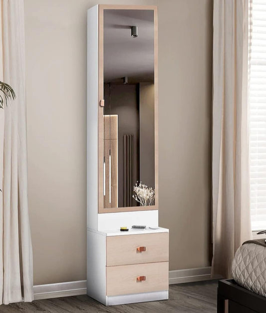 Furnilife Engineered Wood Dressing Table With Mirror 1 Door 2 Drawers For Bedroom - White/Brown Color(Wxhxd): 55X182X38Cm, Suitable For Bedroom, Laundry Room, Closet, Etc.