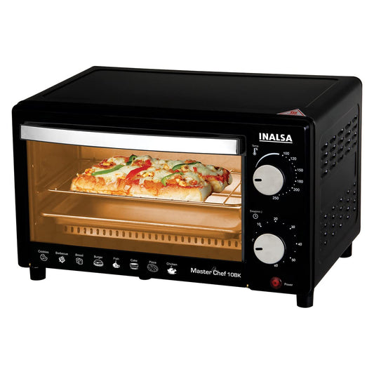 Inalsa Oven MasterChef 10BK OTG (10Liters) with Temperature Selection 800 W, Powder Coated Finish, Includes Baking Pan, SS Grill Tray, Hand Glove (Black, Silver) 800 watts