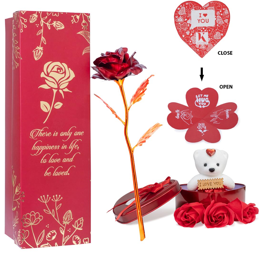 Next Bazaar Artificial Heart Shape Box and Teddy, Rose Floral Scented Bath Soap Rose Flower Petals and Rose Combo Pack (Red, 3 Pieces) - Valentine Day Gift, Artificial Flowers Aluminum