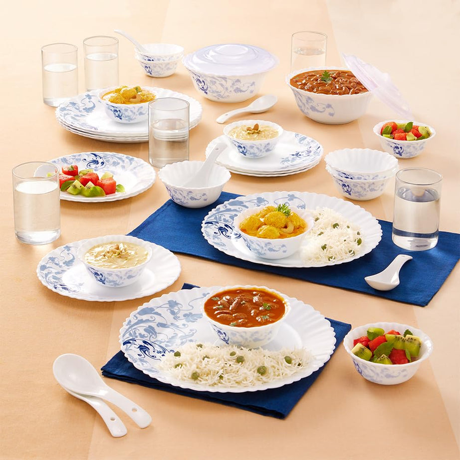 Larah By Borosil Blue Eve Silk Series Opalware Dinner Set with Glasses, 40 Pieces for Family of 6, Microwave & Dishwasher Safe, Bone-Ash Free, Crockery Set for Dining & Gifting, Plates & Bowls, White