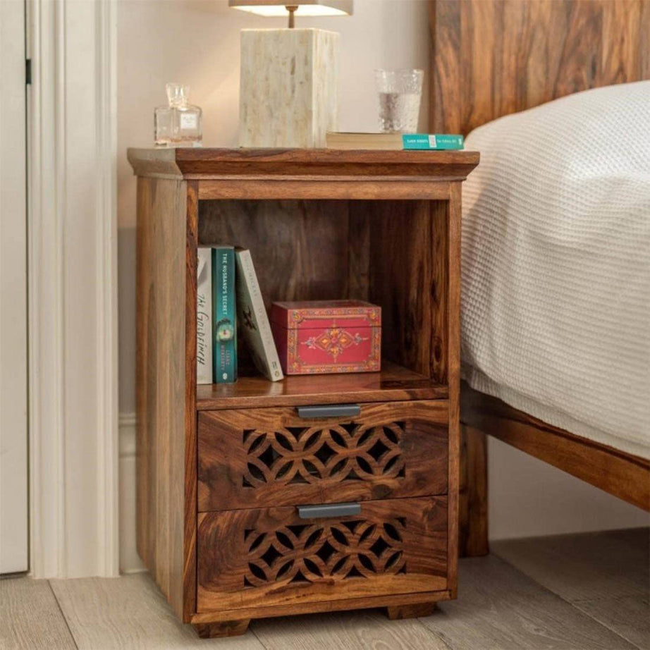 LIMBA DECOR MN ART PALACE Sheesham Wood Bedside End Table with 2 Drawer and Open Shelf Storage for Bedroom Living Room Wooden Furniture Bed Side for Hotels (Honey Finish)