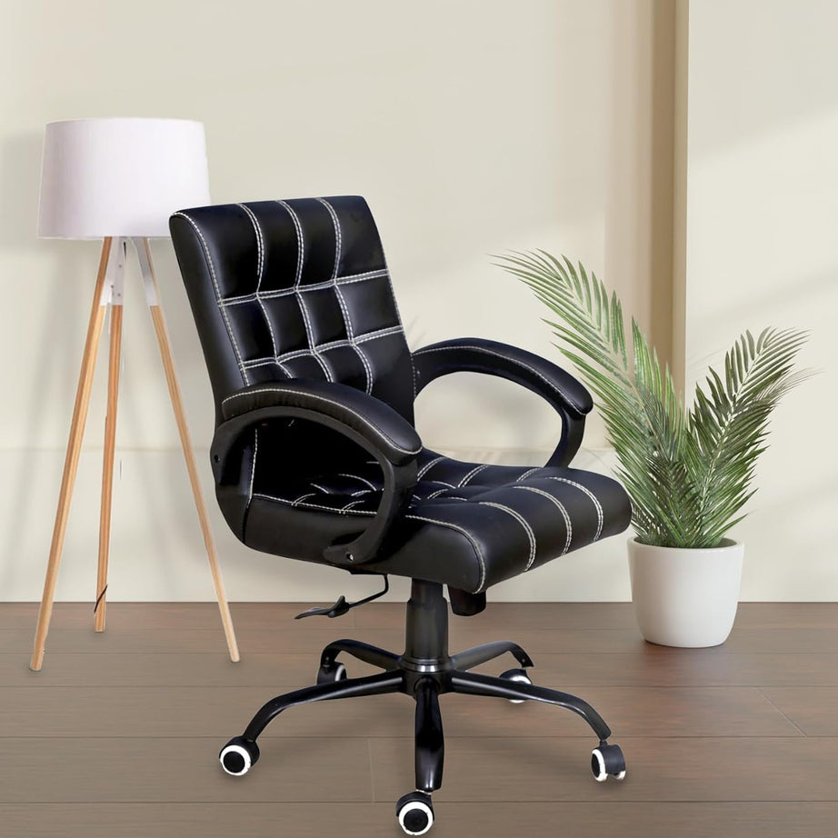 NEWTURN Funk Premium Leatherette Office Chair | Medium Back Ergonomic Home and Office Executive Chair with Spacious Cushion Seat & Heavy Duty Metal Base (Black)