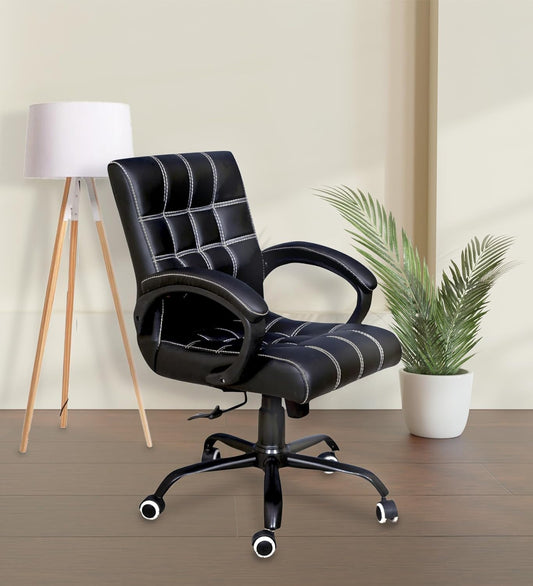 NEWTURN Funk Premium Leatherette Office Chair | Medium Back Ergonomic Home and Office Executive Chair with Spacious Cushion Seat & Heavy Duty Metal Base (Black)