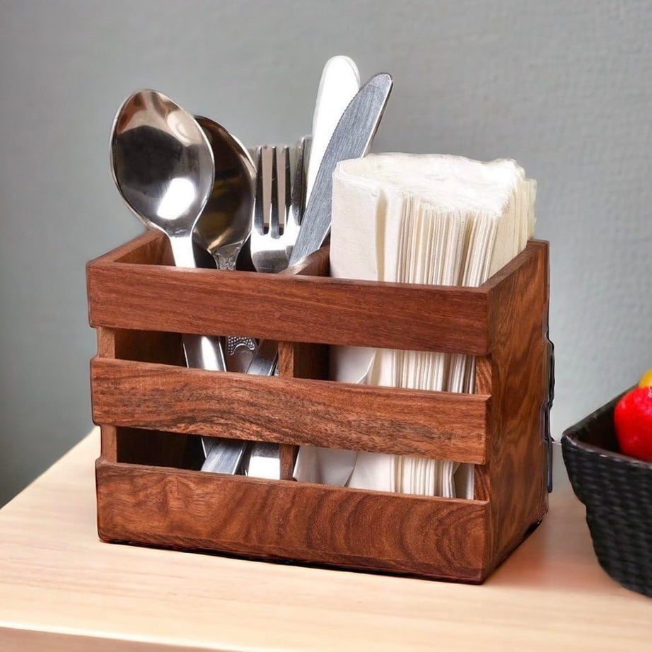 Craft Mshopr "Wooden Spoon Holder and Cutlery Stand | Kitchen Organizer with 2 Compartments | Polished Finish | Brown | Medium Size 6" Length x 3.5" Width x 4.5" Height