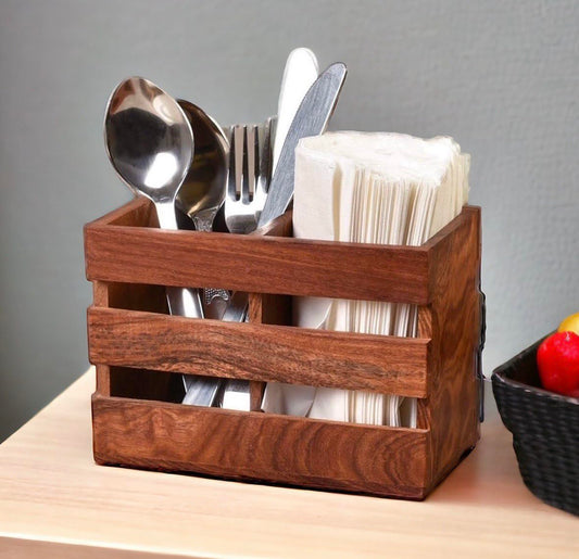 Craft Mshopr "Wooden Spoon Holder and Cutlery Stand | Kitchen Organizer with 2 Compartments | Polished Finish | Brown | Medium Size 6" Length x 3.5" Width x 4.5" Height