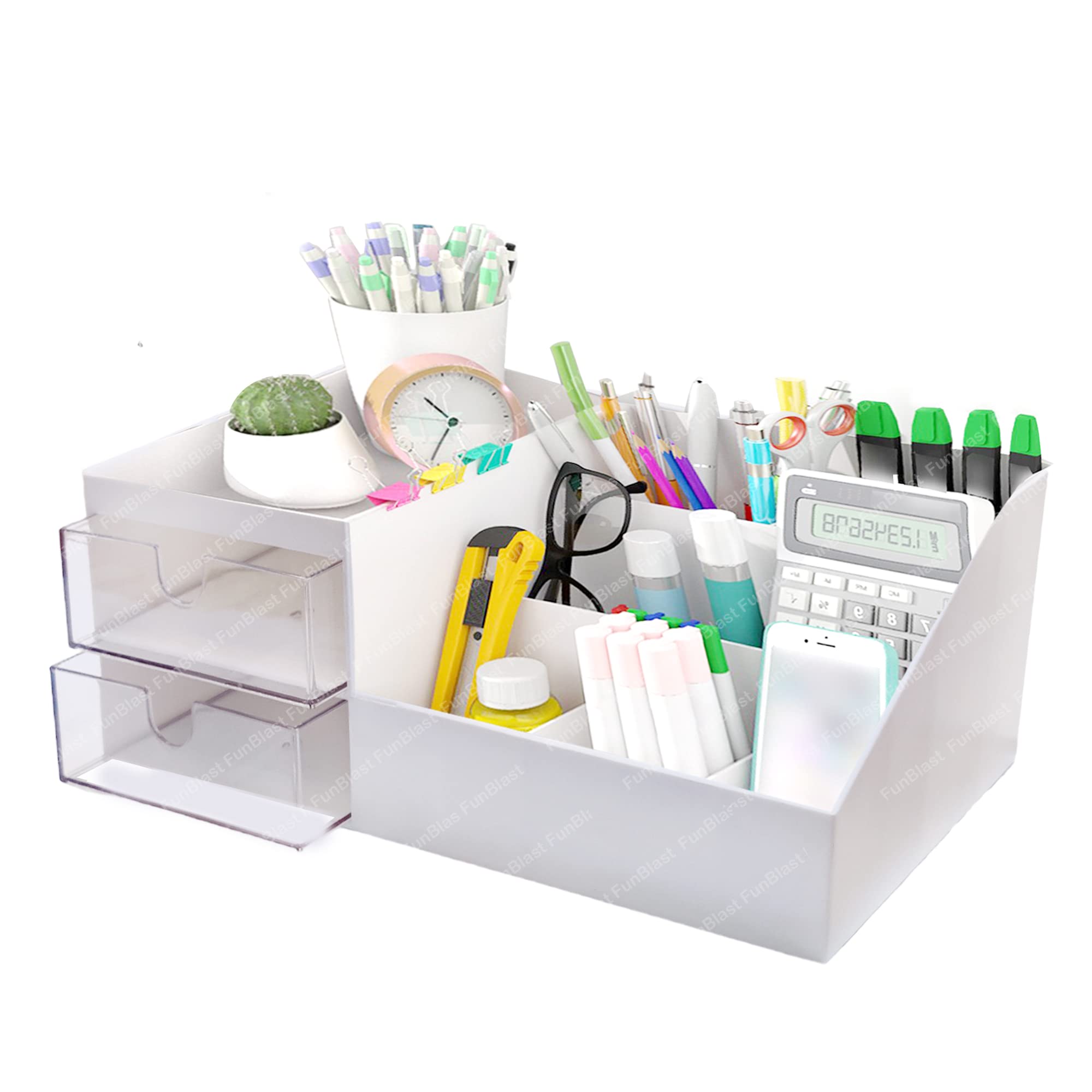 FunBlast Desk Organizer Stationery Storage Stand, Pen & Pencil Holder- Table Pen Holder, Stationery Holder For School & Office, Stationery Organizer Box, Desktop Organizer, Plastic, White