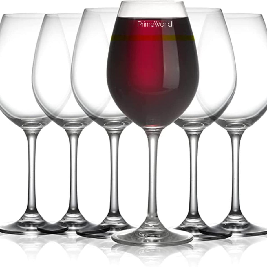 PrimeWorld Bistro European Style Crystal Clear 320 ml Red Wine and White Wine Glasses Set of 6 pcs, 100% Lead Free Glass, Unique Modern Design