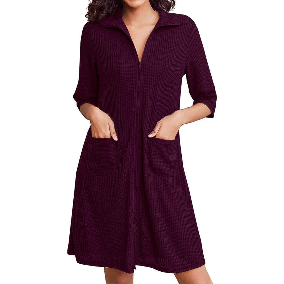 Enchant Home Pure Cotton Waffle Knit Zipper Bathrobes for Women | Super Soft | Lightweight | Knee Length Loungewear with Pockets (M, Wine)