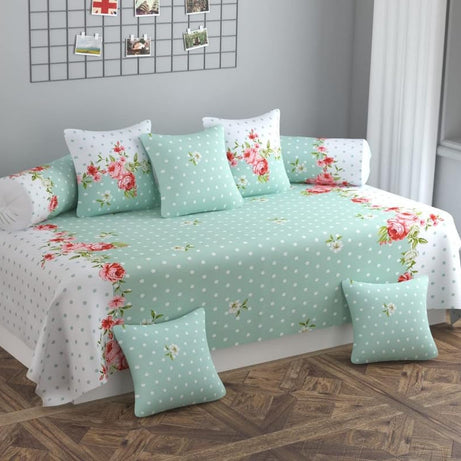 NHD HOME diwan Set for Living Room, diwan Set Covers Glace Cotton, diwan Set 8 Pieces (1 Single Bedsheet, 5 Cushion Covers, 2 Bolster Covers) (Color- Green & Red) Flower