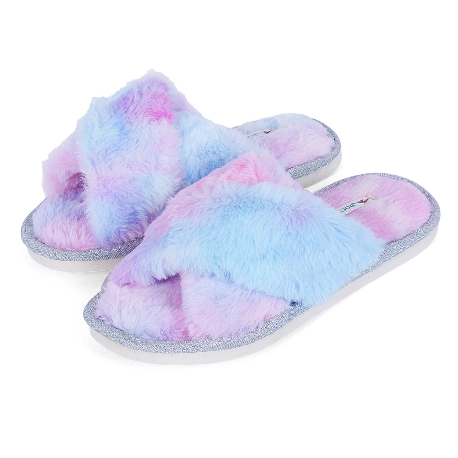 DOCOSS Indoor Slippers Warm Slippers Winter Bedroom Home Slippers for Women,Girls & Men Fur Winter Slippers (Unicorn)(UK 3-4 -25 cm) ( Purple-Blue color)