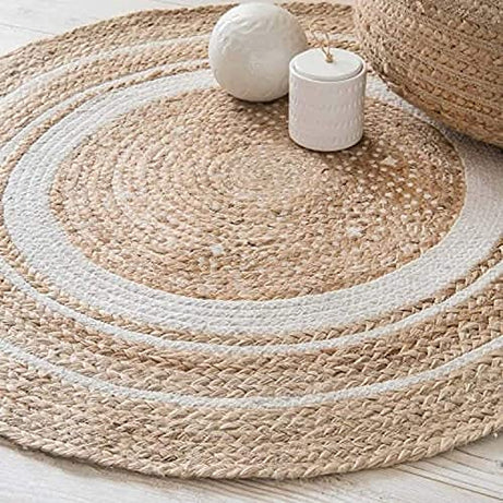 FR Creations Jute and Cotton Braided Area Rug Round Carpet Jute Handmade Doormat (90 CM)