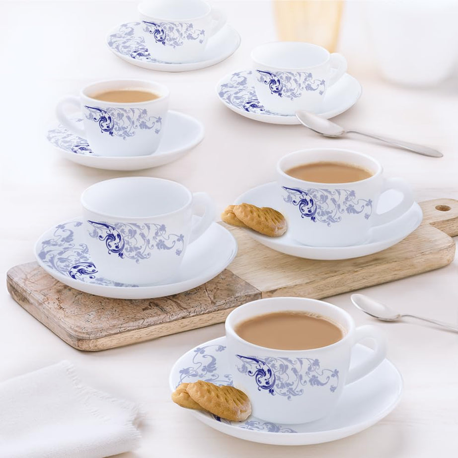 Larah by BOROSIL Silk Series Blue Eve Opalware Cup and Saucer Set of 12 pcs | Tea/Coffee Cups 145 ml | Microwave & Dishwasher Safe, Bone-Ash Free | Crockery Set Ideal for Daily Use & Gifting, White