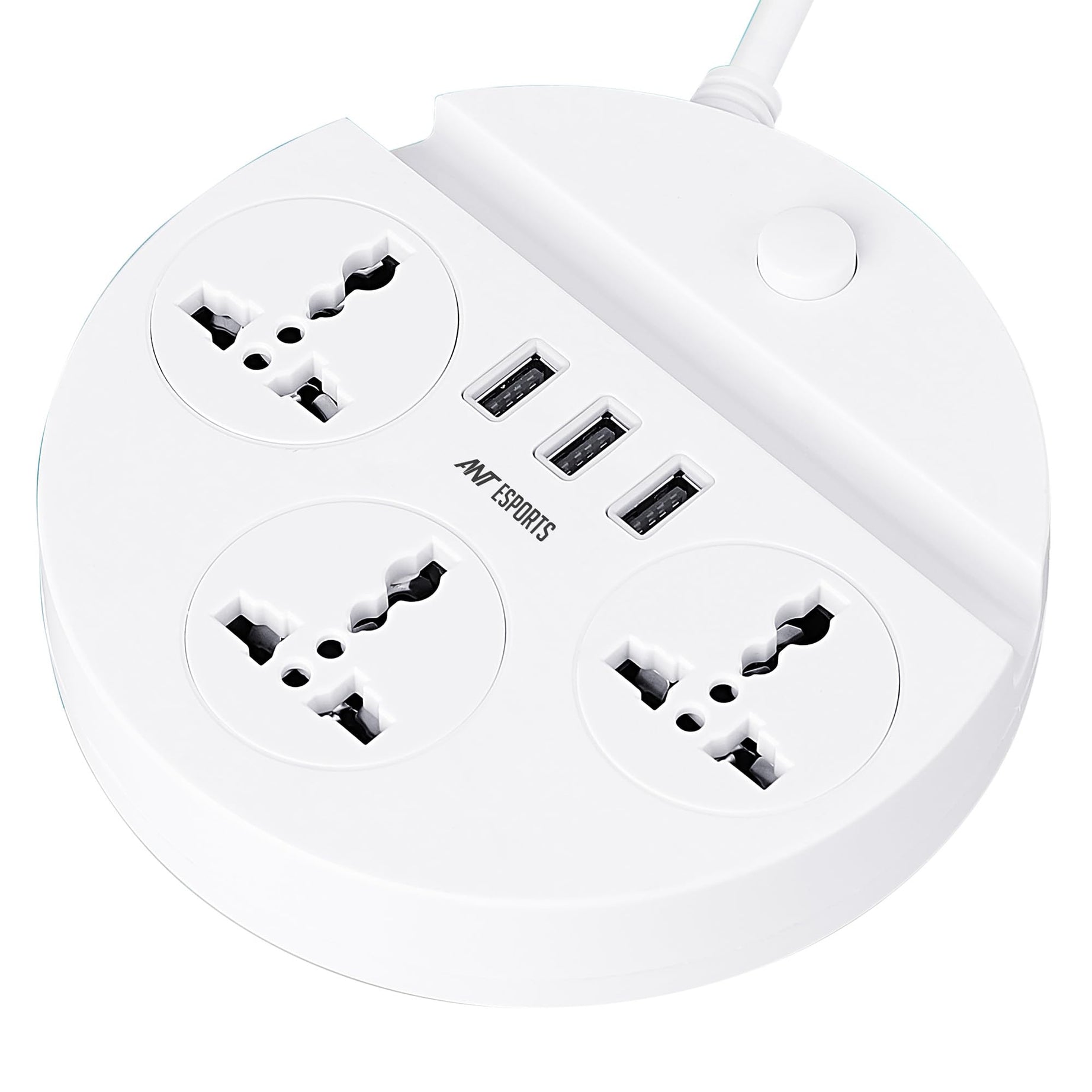 Ant Esports PS330 Power Strips with 3 Universal Socket and 3 USB-A, 3-Meter Cord, 2500-Watt, Fireproof Material, Heavy Duty Cable Overload Protection, Extension cord for Home/Office Appliances–White