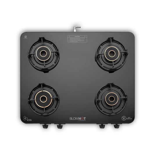 BLOWHOT Premium Design ISI certified Sapphire Manual 4 Burner Slimmest Gas Stove, Built-in Glass Design Cooktop, Aluminium Frame, 5 Year Warranty on Burner, Gas stove Valve and Glass - Black