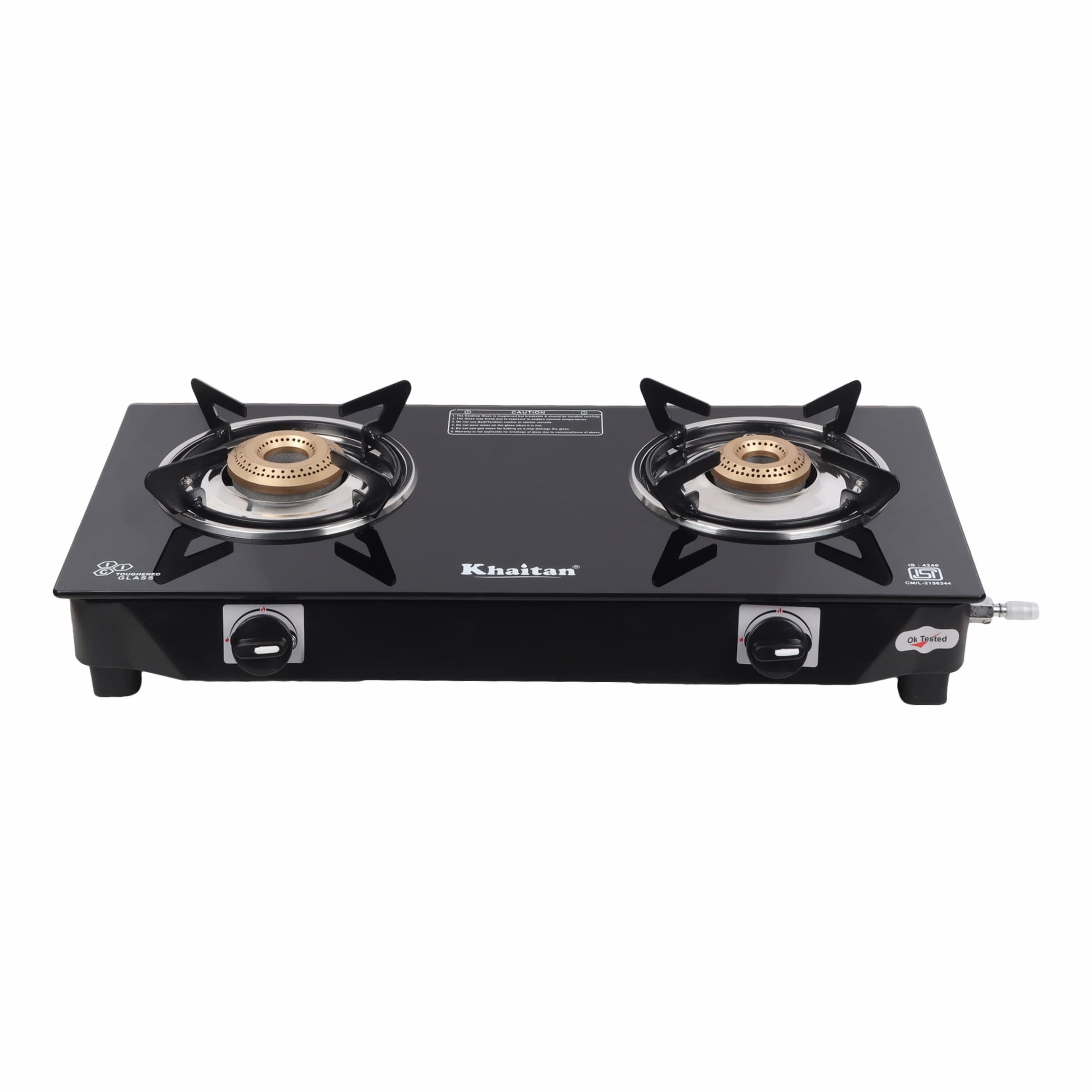 Khaitan 2 Burner BP Nano MS Black Toughened Glass | LPG Cooktop | Manual Ignition Stove | Ergonomic Knob | with 1 Year Warranty | Pan India Service | LP Gas Stove | ISI Approved (Black)