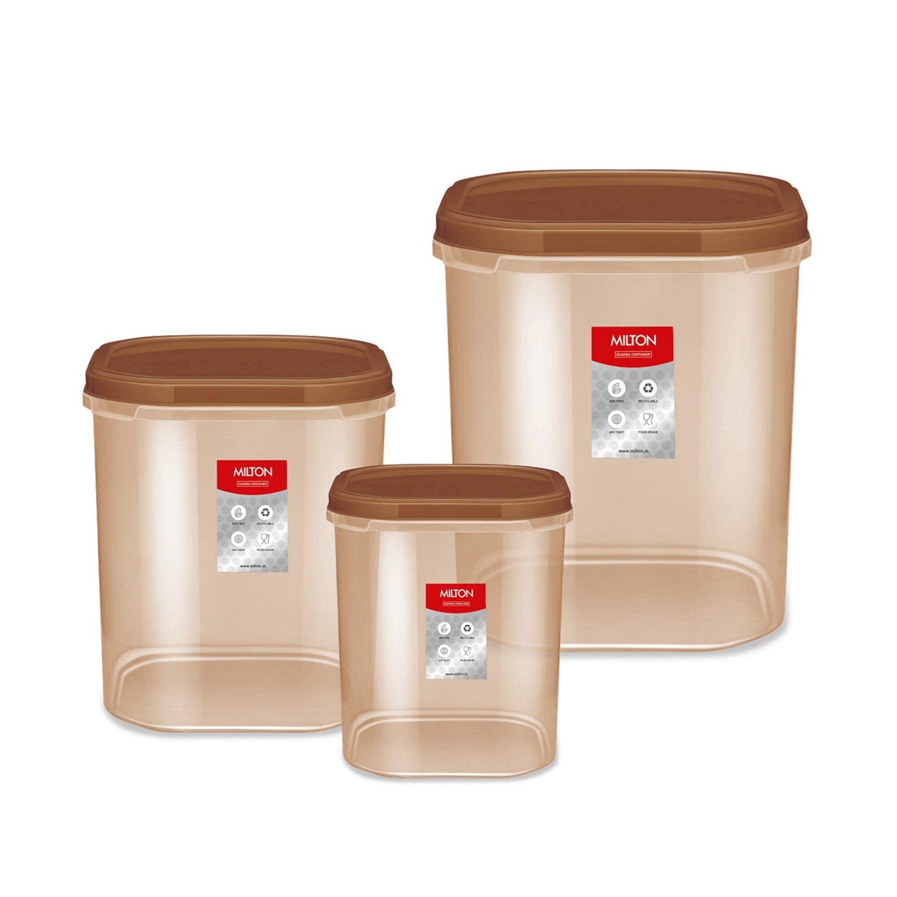 MILTON Quadra Storage Container, Set of 3, (2000 ml, 3000 ml, 4000 ml), Brown | Air Tight | Stackable | Multipurpose | Kitchen Organizer | BPA Free | Easy to Clean | Dishwasher Safe