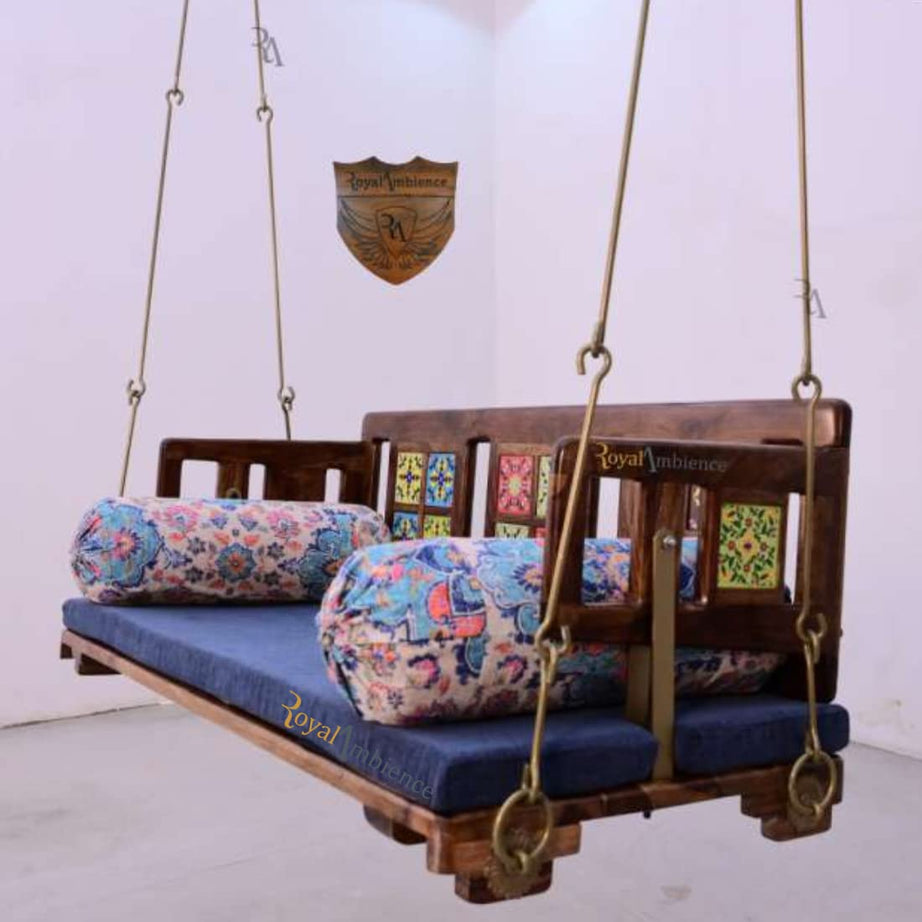 Wooden/Jhula reversible tile with brass coated chain 52" swing without cushion- Mannu