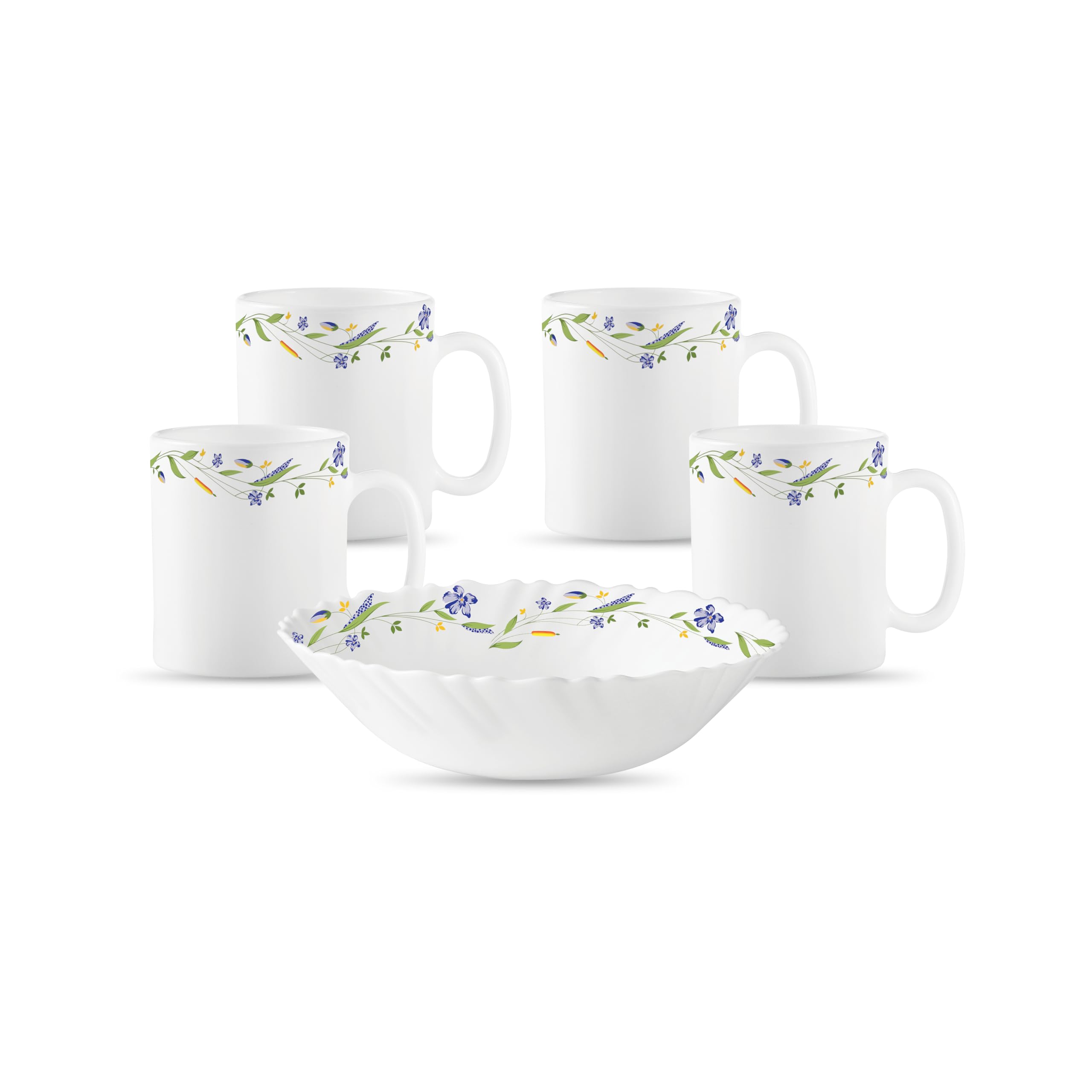 La Opala Diva Classique Collection Opal Glass Crockery | Gift Set of 5 | Coffee Time Set 5 pcs Morning Glory | Bowls & Coffee Mugs | Microwave Safe | 100% Vegetarian | Extra Strong | Light & White