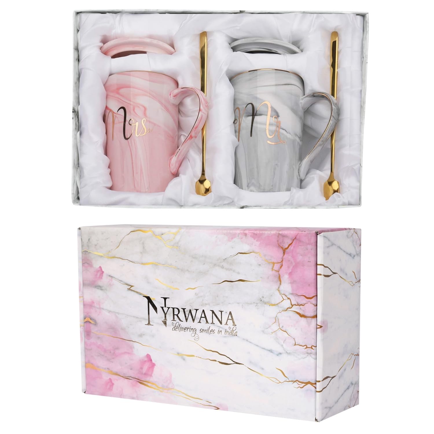 Nyrwana Coffee Mug, Anniversary Gift for Couple Special, Wedding Gift for Couples, Marriage Gifts for Couples, Couple Gifts, Anniversary Gift, Spoon, Lid and Coasters with Gift Box (400ml - Ceramic)