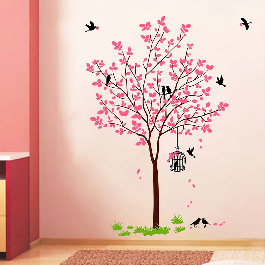 Decal O Decal PVC Vinyl Tree with Birds and Nest Botanical Wall Stickers (Pink, 120X90cm), Self-Adhesive