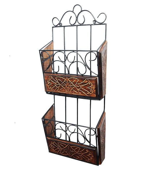 Crafter Cottage Wrought Iron & Wooden Magazine Cum Newspaper Stand Basket Organizer for Home, Living Room or Office, Newspaper Magazine Holder