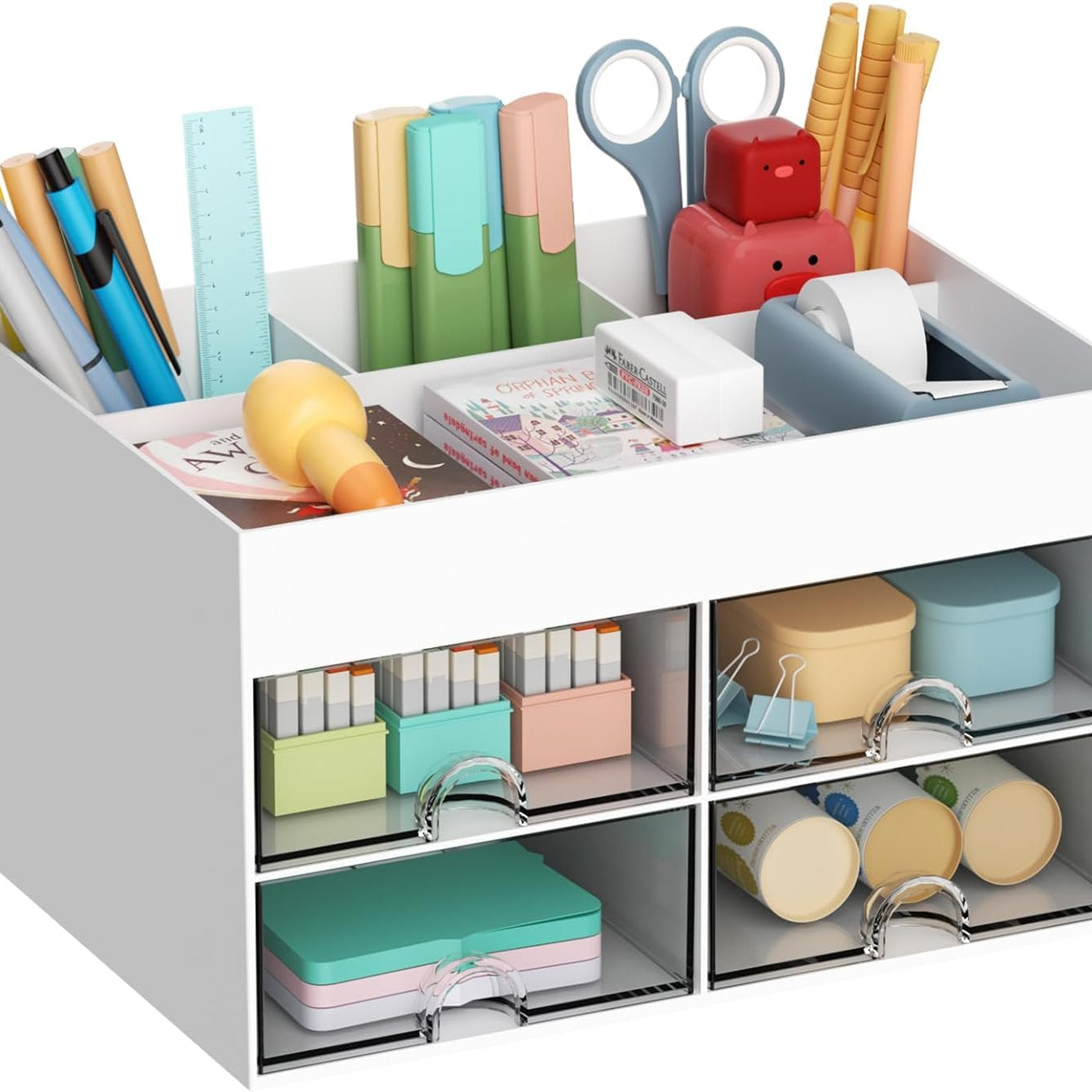 HOME CUBE Plastic Multi-Functional Desk Organizer With 4 Compartments&4 Pull Out Drawer Desktop Office Supplies Stationery Storage Box Cosmetic Organizer For Pens Staplers Clips Sticky Notes - White