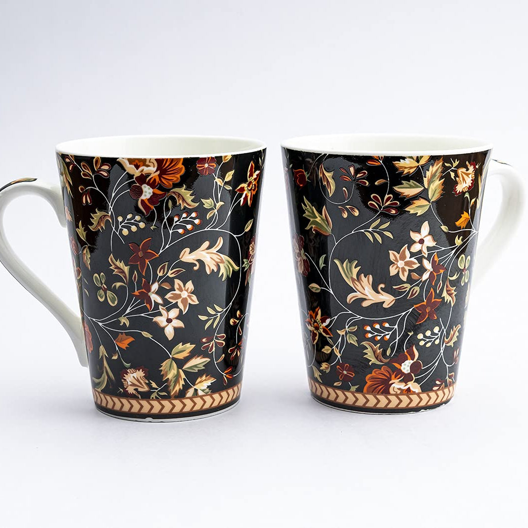 GOLDEN QUEEN'S Ceramic Floral Print - Milk & Coffee Mug, 300 Ml - Set of 2 (Black)