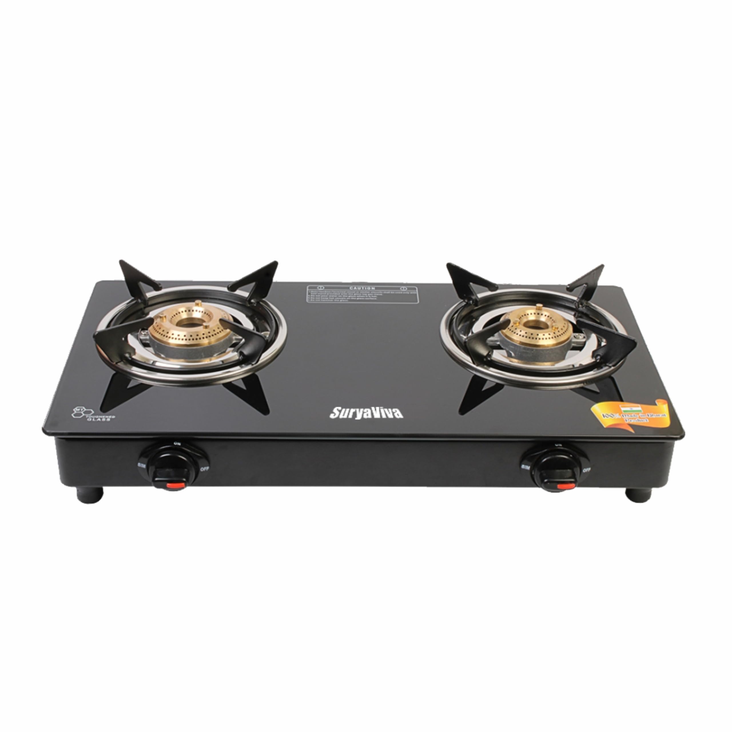 SURYAVIVA 2 Burner Photon (Hose Pipe) 2 Cast Iron Burner Gas Stove(Manual,Black) Glass Gas Stove