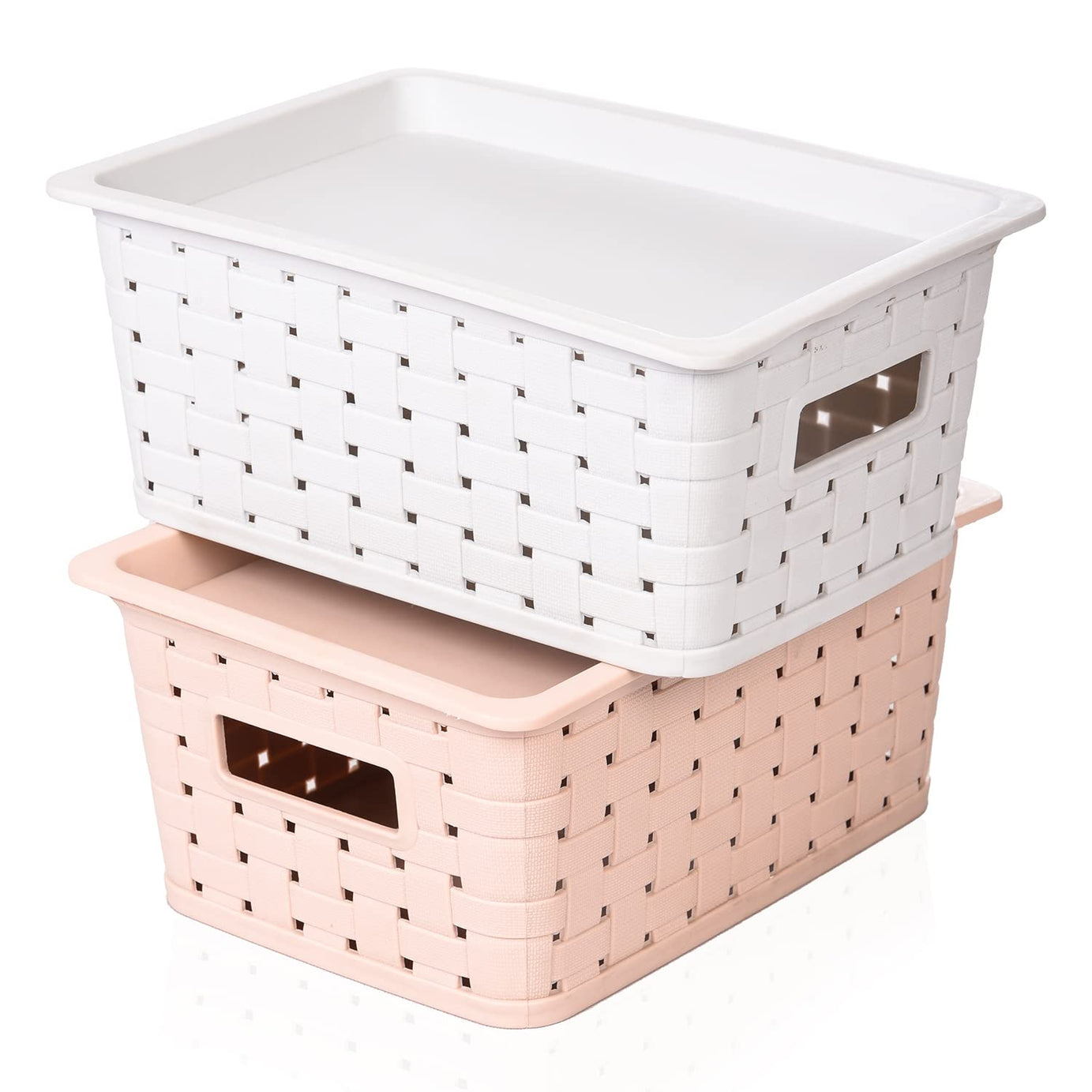 Kuber Industries BPA Free Attractive Design Multipurpose Small Trendy Storage Basket With Lid|Material-Plastic|Color-Gray,Beige|Pack of 2