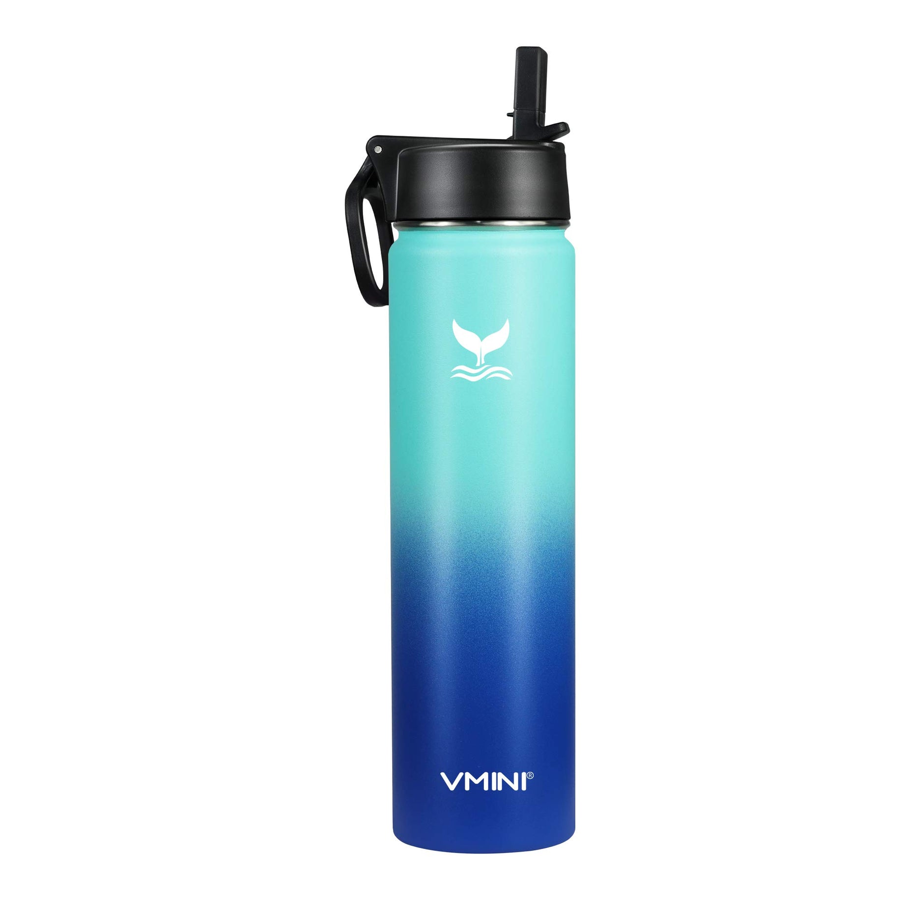 Vmini Water Bottle with Straw, Wide Rotating Handle Straw Lid, Wide Mouth Vacuum Insulated Stainless Steel Water Bottle, Gradient Mint+Blue, 24 oz