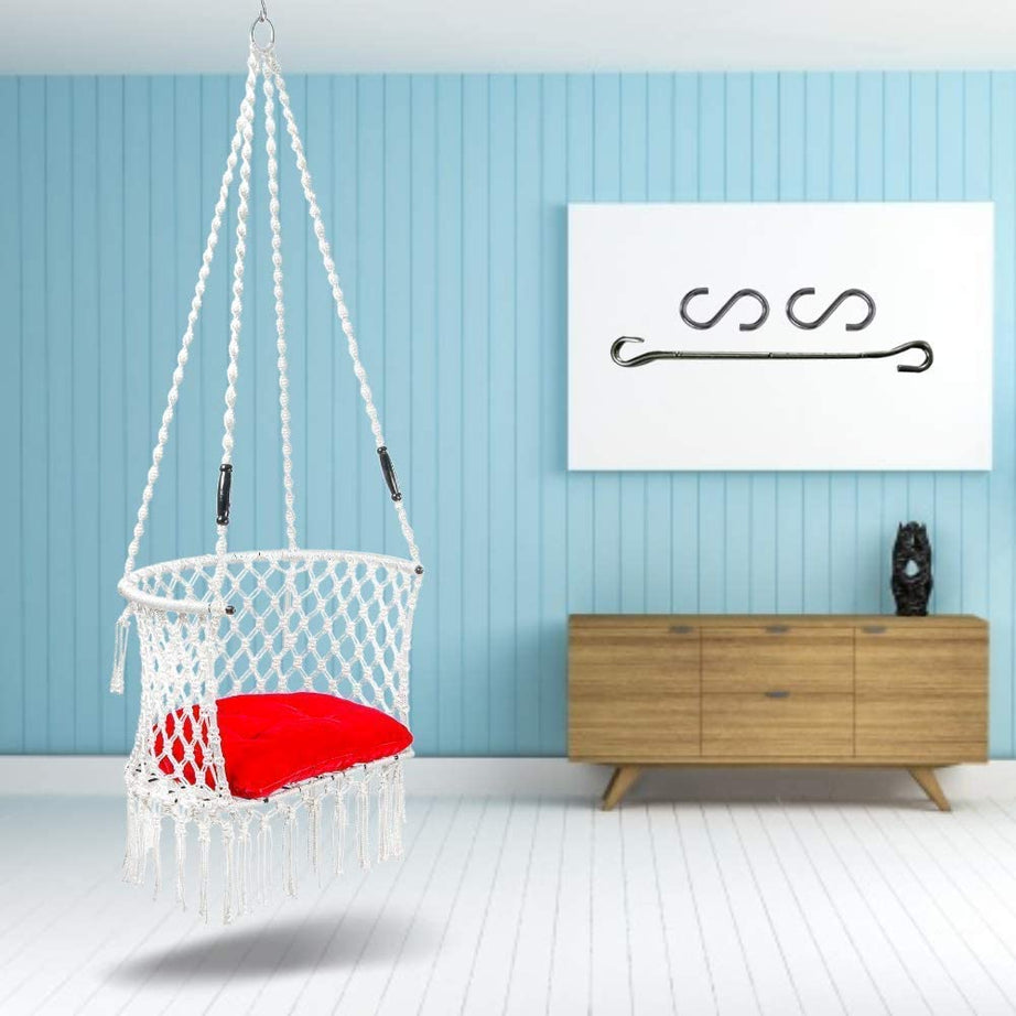 Curio Centre Make in India C-Shape Premium Swing with Polyester Ropes & Mild Steel Frame for Adults & Kids/Indoor Outdoor Hanging Swing Chair with Cushion & Accessories (White)