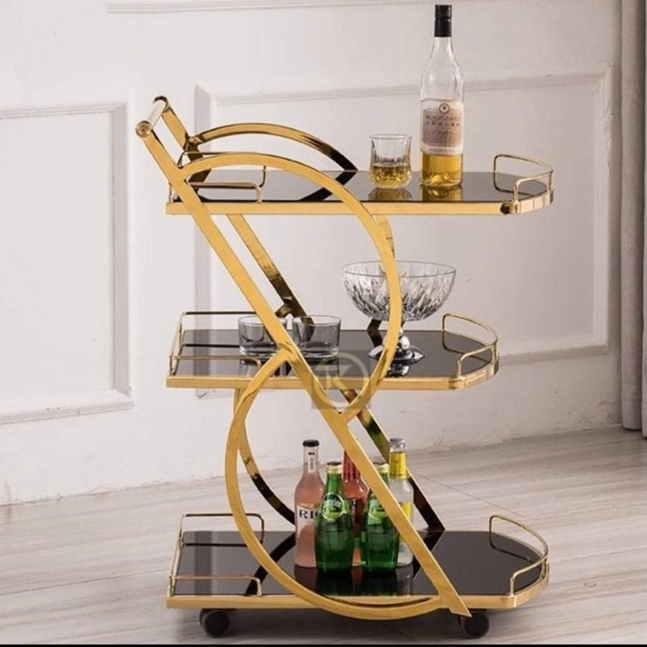 New Tech Furniture Bar Trooley 3 Tier Stainless Steel Premium Serving Trolley with PVD Gold Finish Elegant Home and Restaurant Mobile Cart for Effortless Food Serving (Style 2)