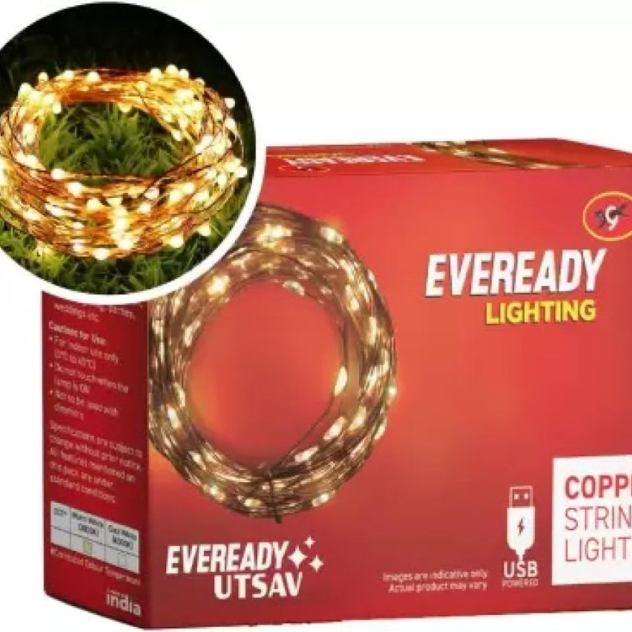 EVEREADY Rice Lights | Decorative and Festive Lighting | USB Powered Copper String Light | Available in 10M | Flexible Installation | Made in India | Warm White