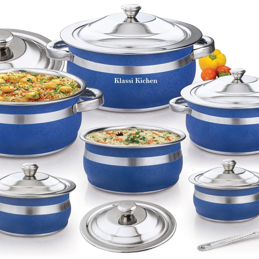 Klassi Kichen Color Cook and Serve Set of 13pc Comes with 3 Big Handi and 3 Small Handi with lids and 1pc seving Spoon Induction Bottom Cookware Set (Stainless Steel, 13 - Piece) (Coco BLU)