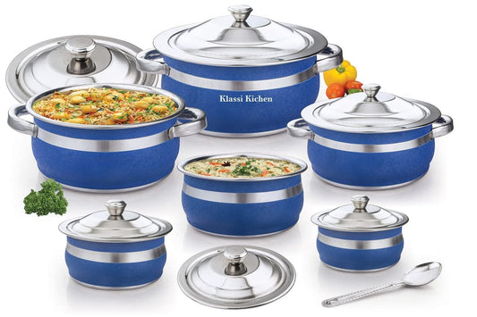 Klassi Kichen Color Cook and Serve Set of 13pc Comes with 3 Big Handi and 3 Small Handi with lids and 1pc seving Spoon Induction Bottom Cookware Set (Stainless Steel, 13 - Piece) (Coco BLU)