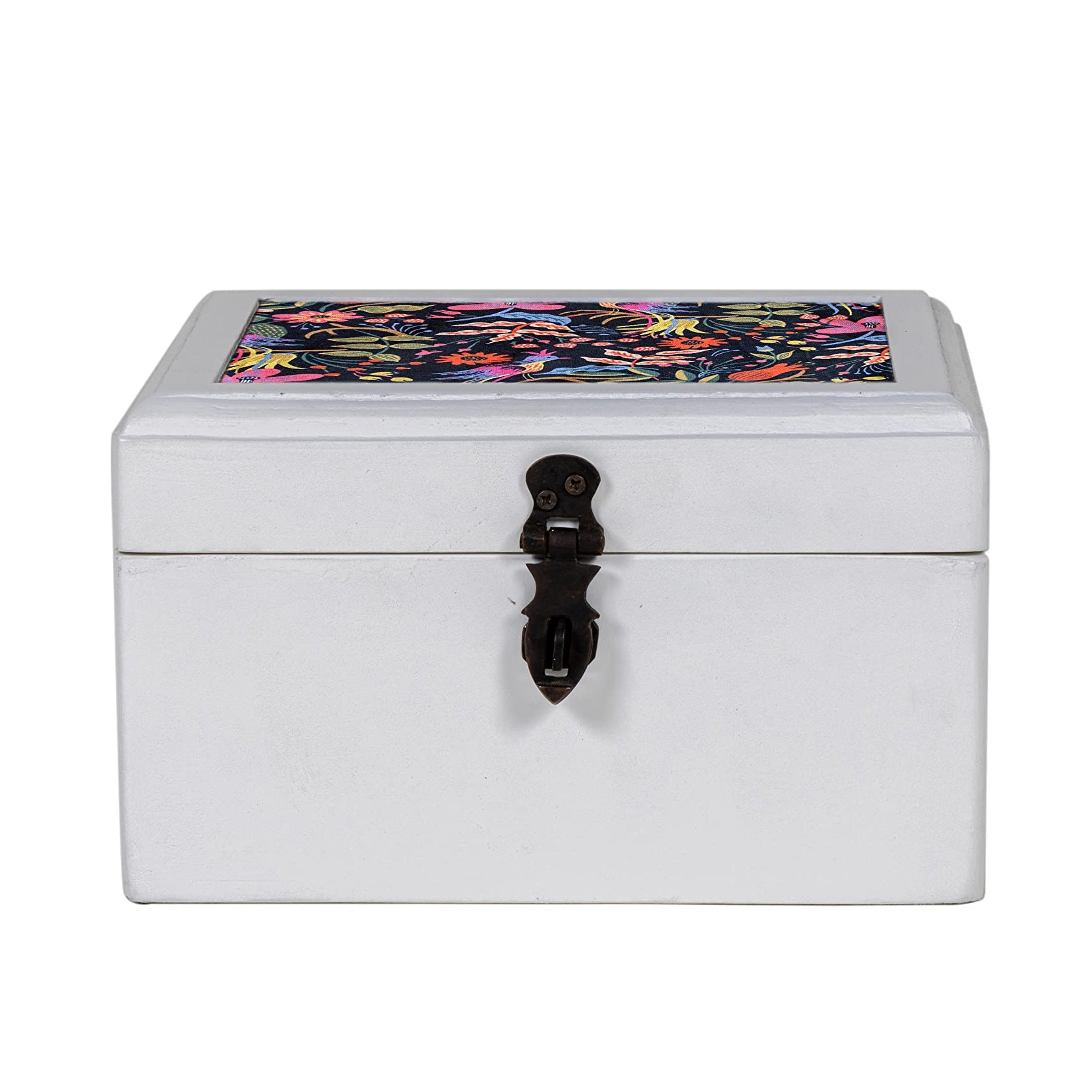 CONTRAST LIVING Yhujik Wooden Decorative Jewellery Painted Box with Cotton Fabric on top (Fabric Colour-Multi) (Medium, White)