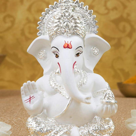 Gold Art India Silver plated White Ganesha for Car Dashboard Home Decor Gifting Diwali Birthday Festivals 3.5 x 2 Inches