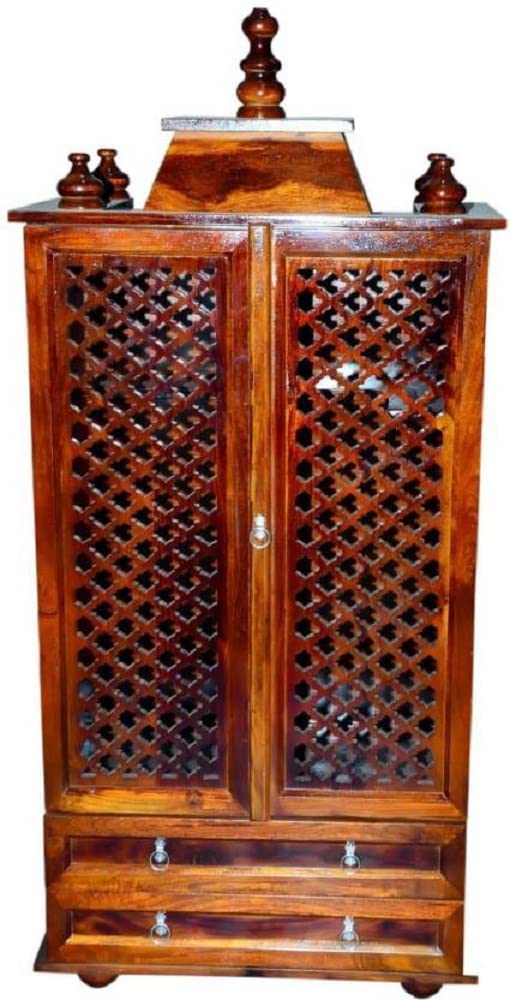 Varsha Furniture Solid Sheesham Wooden Home Temple/Mandir/God Stand/Pooja Stand/Home Mandap/Mandapam with Doors & Storage Drawers| Devotional