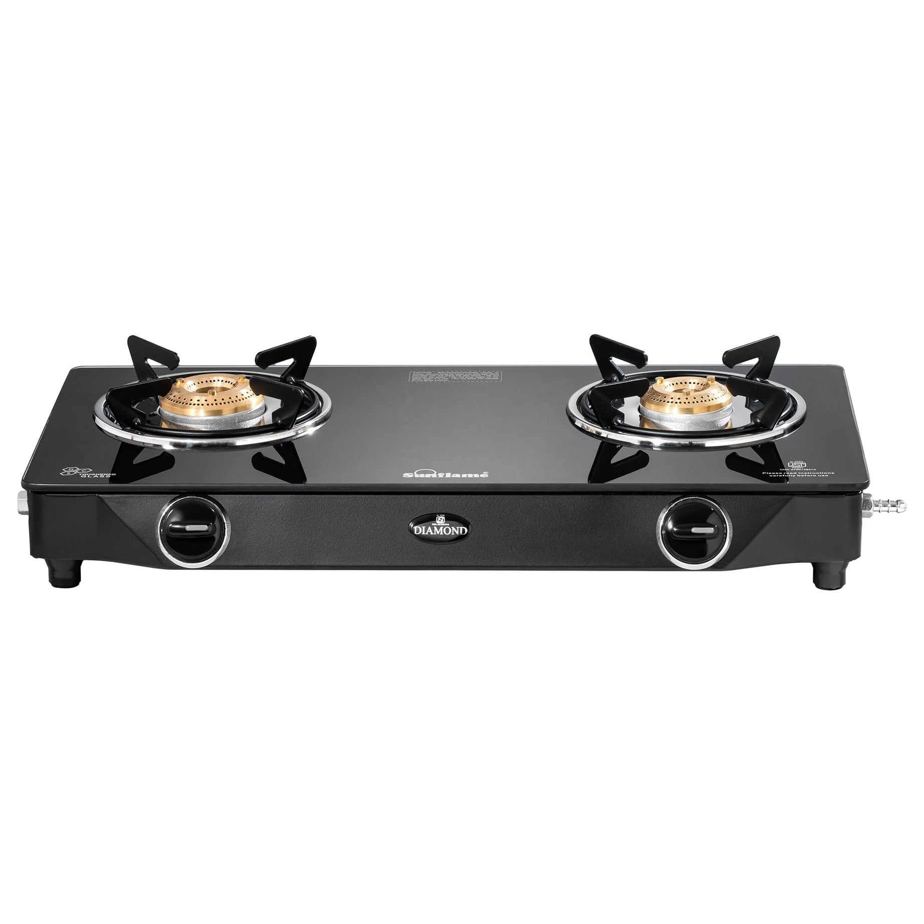 Sunflame Diamond 2 Burner Gas Stove | 1 Medium and 1 Small Brass Burners | 2-Years Product Coverage by Sunflame | Manual Ignition | Ergonomic Knobs | Toughened Glass Top | PAN India Presence